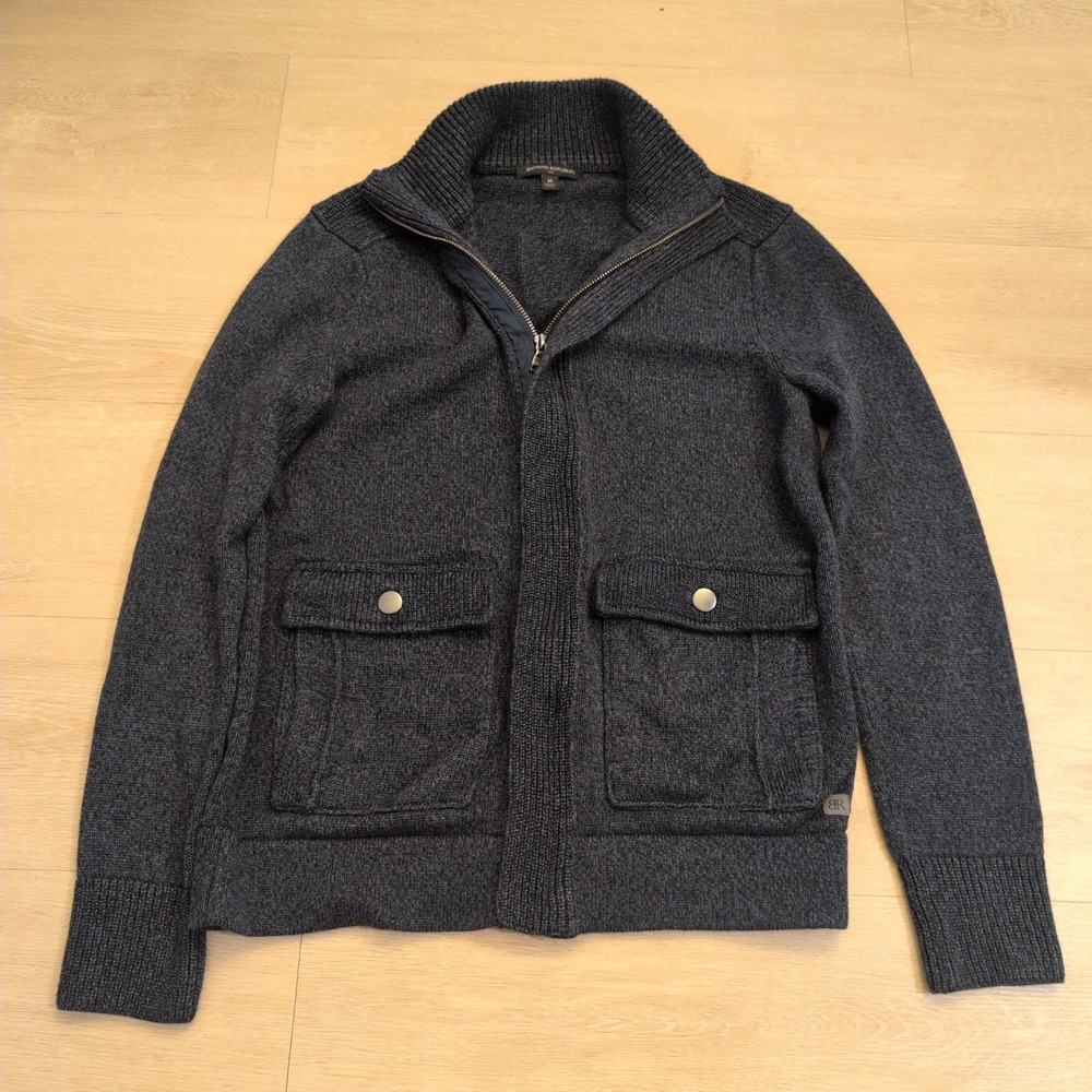 Banana Republic Mens Medium Gray Full Zip Mock Neck Cardigan Sweater Shawl Blue
